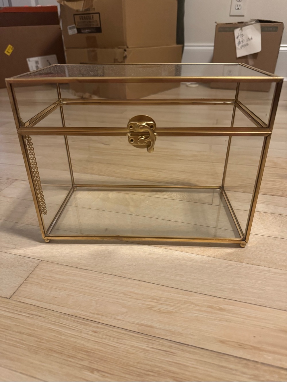 Glass Display Jewelry Box with Gold Frame